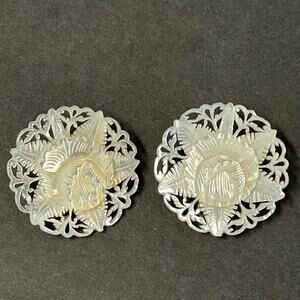 Vintage Handcarved Floral Mother of Pearl Clip On Earrings